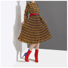 2019 new stylish small stand-up collar slim plaid skirt long-sleeved dress with  belt women dress